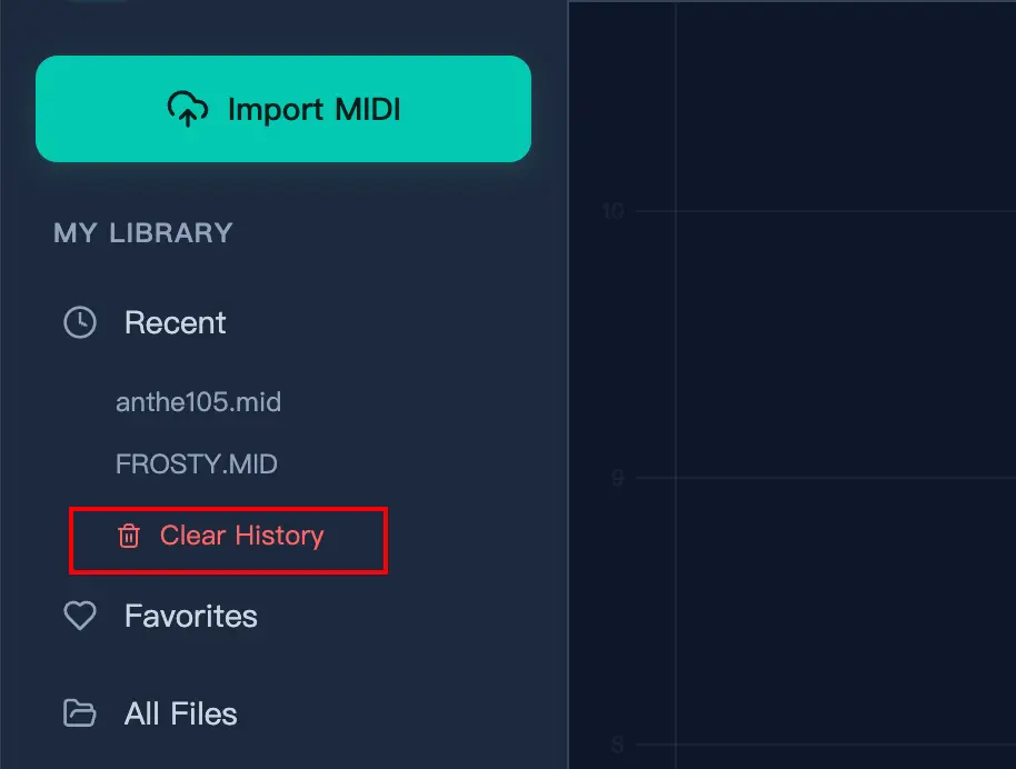 IndexedDB Local History The History section in MIDI Toolbox showing locally stored recent files