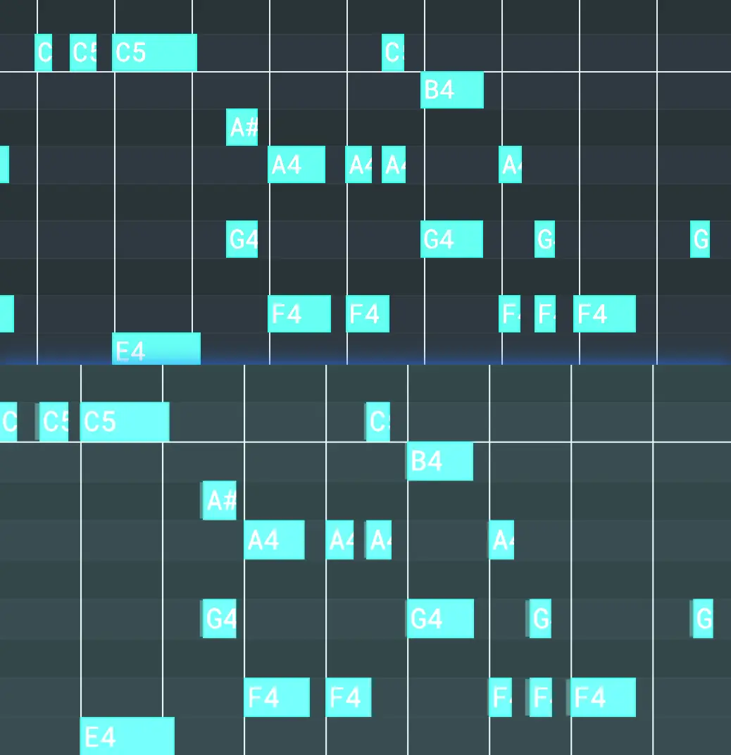 Quantize Before and After Before and after comparison of MIDI notes quantized to the grid