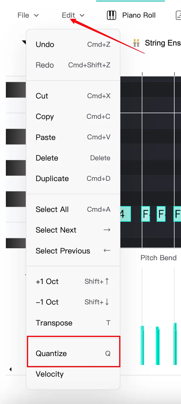 Quantize Menu Option Finding the Quantize option in the MIDI Toolbox Edit menu